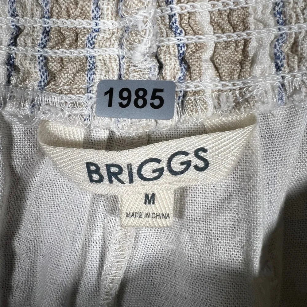 Briggs Womens Striped Linen Blend‎ Shorts Tan Blue White Smocked Waist Size M